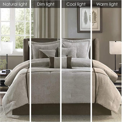 Madison Park Cozy Comforter Set Casual Blocks Design All Season, Matching Bed Skirt, Decorative Pillows, Cal King(104"x92"), Dallas Corduroy, Taupe Brown, 7 Piece