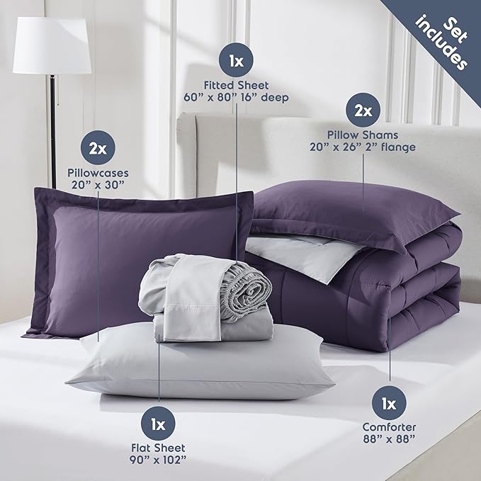 Nestl 7 Piece Queen Comforter Set – Purple Reversible Bed in a Bag – Complete Queen Size Bedding Set with Sheets, Pillowcases and Shams