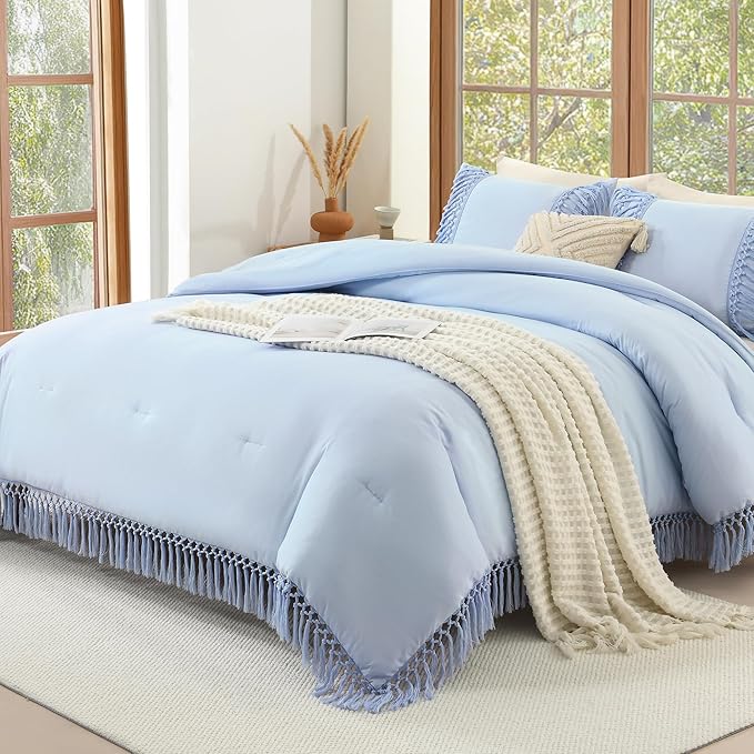Andency Queen Comforter Set Light Blue, 3 Pieces Boho Lightweight Fall Bedding Comforter Sets, Tassel Bed Set (90x90In Comforter & 2 Pillowcases)