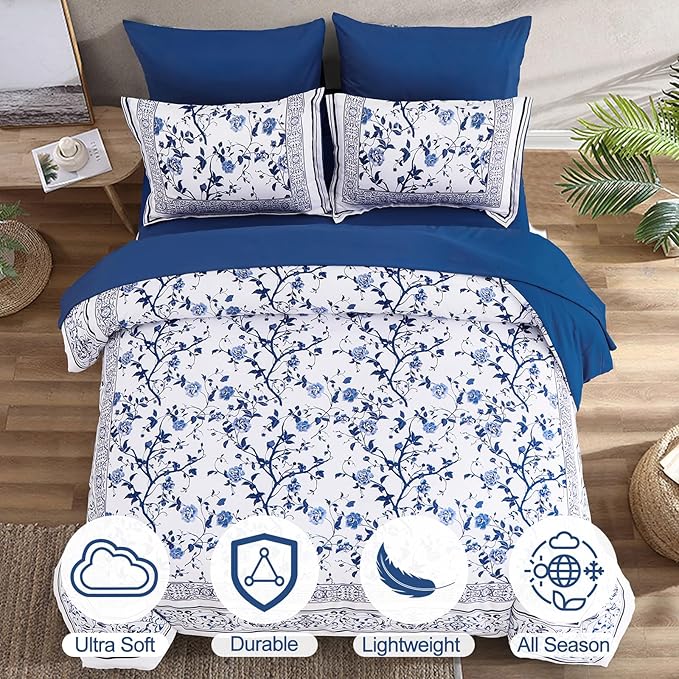 Dobuyly Floral Comforter Full Size, 7 Piece Bed in a Bag Full Blue Flowers on White Botanical Bedding Set, Soft Microfiber Bedding Comforter Sets for All Season