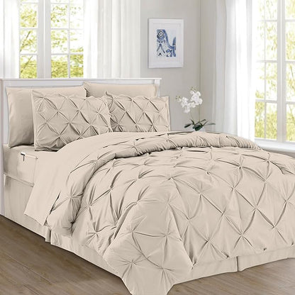 Elegant Comfort 8-Piece Pinch Pleated Comforter Set - All Season Complete Bed in a Bag, Includes 4pc Smart Sheet Set, Bed Skirt, Comforter, Matching Pillowcases and Shams, King/Cal King, Cream