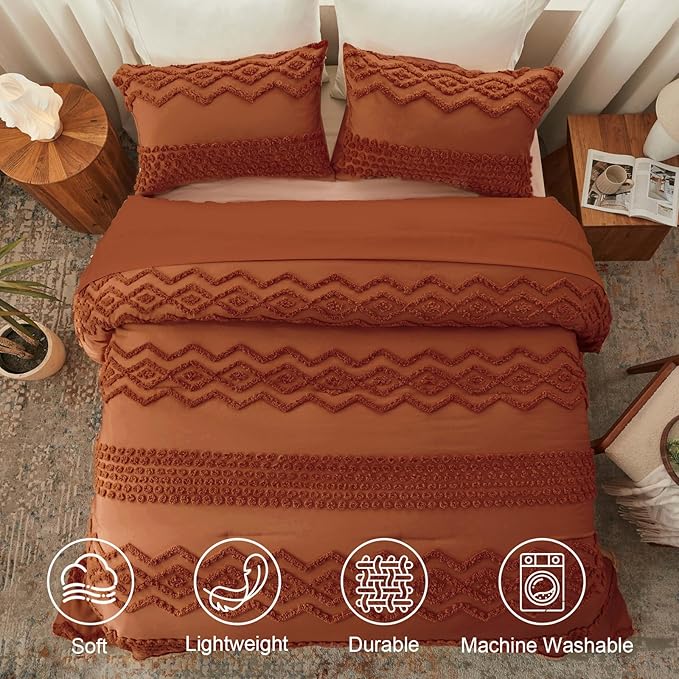 Luxudecor Terracotta Boho Tufted Comforter Set Queen Size 3 Pieces Boho Shabby Chic Comforter Farmhouse Embroidery Bedding Set Soft Comforter for All Seasons (Terracotta, 90''x90'')