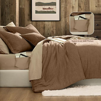 Geniospin King Comforter Set - 7 Pieces Comforter King Size, Soft Solid Bedding Set for All Season, Textured Bed in a Bag with Sheets, Pillowcases & Shams(Brown, 102''x90'')
