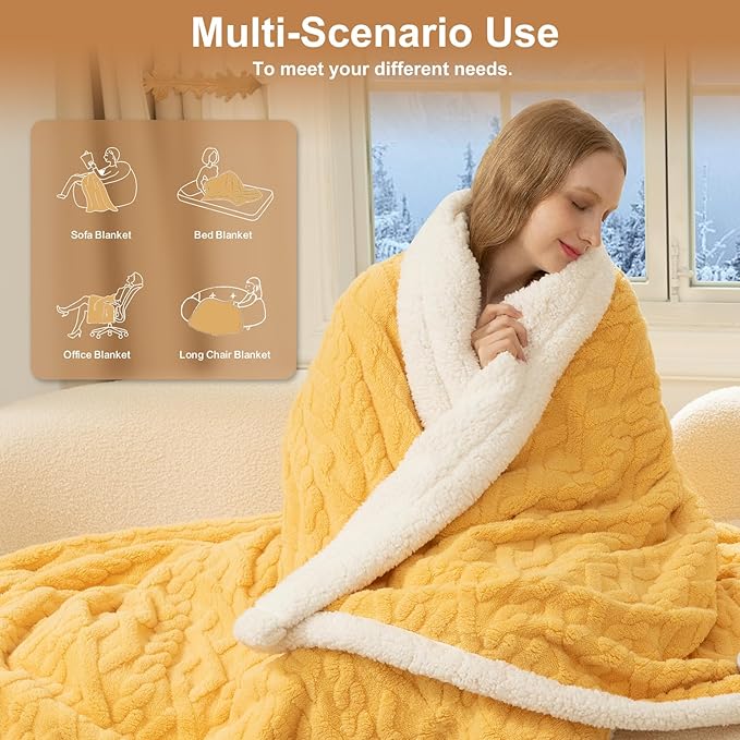 King Size Electric Blanket 100"X90" Yellow - Soft Thick Warm Sherpa Heated Blanket for Winter with Dual Control, 5 Heating Levels & 10hrs Auto Off for Women, Overheat Protection for Bed