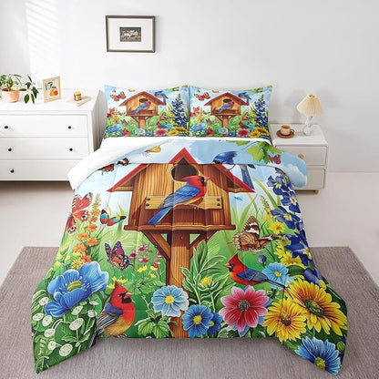 Erosebridal Cardinal Hummingbird Comforter Twin,Spring Garden Style Floral Comforter Set Rustic Butterfly Botanical Flower Bedding Set Country Farmhouse Bed Set Pastoral Nature Home Decor