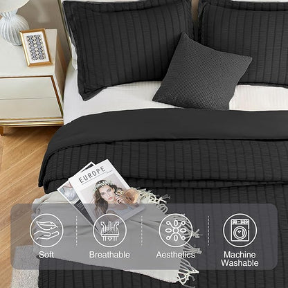 satisomnia King Comforter Set Black, Soft Seersucker Comforters King Size Bed, 3 Pieces Lightweight Down Alternative Bedding Comforter Sets All Season, Fluffy Comforter with 2 Shams 106x90 in