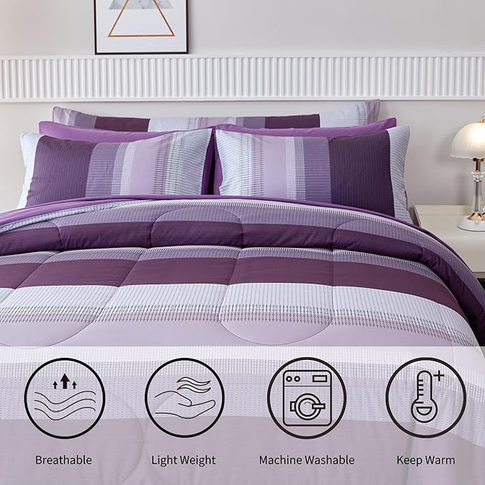 RYNGHIPY Purple Striped Bed in a Bag Queen Size, Lightweight Soft Down Alternative Comforter Set for Men and Boys,8 Pieces Comforter Bedding Set with Sheets Pillowcases (Queen,Purple Grey)