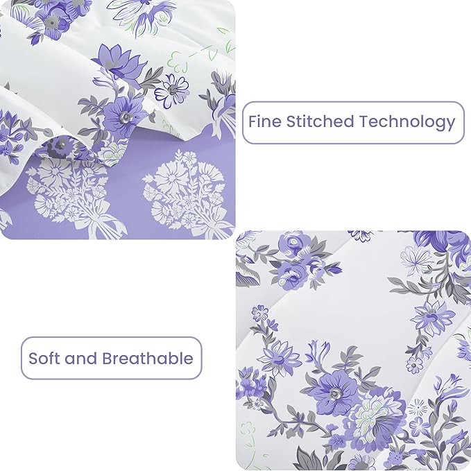 Floral King Comforter Set with Sheets, 7 Piece Luxury Vintage Bedding, Soft Microfiber Bed in a Bag, Cozy Lightweight Bed Set, Lavender Flower Grey Leaf