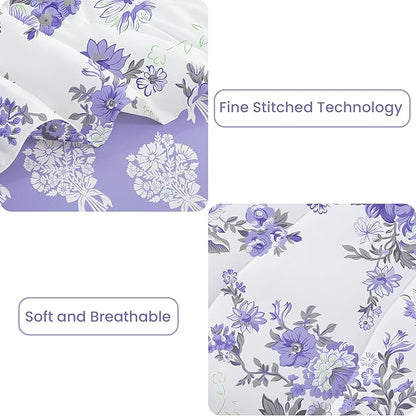 Floral King Comforter Set with Sheets, 7 Piece Luxury Vintage Bedding, Soft Microfiber Bed in a Bag, Cozy Lightweight Bed Set, Lavender Flower Grey Leaf