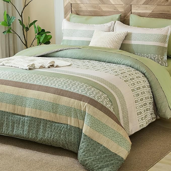 DJY Boho Comforter Set Queen Size,Sage Green Striped Bedding Sets,7 Pieces Bed in a Bag Patchwork Soft Microfiber Bedding Set for All Season(90"×90")
