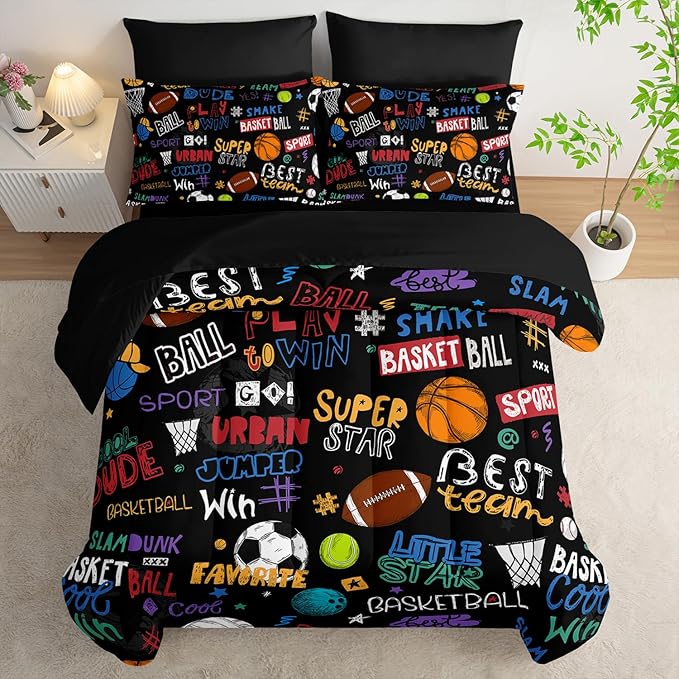 Sports Ball King Comforter Set,Football Rugby Basketball Bedding Set for Kids Boys Girls Youth Ball Sports Themed Bedroom Decor Bedding Set 7 Pcs Bed in A Bag