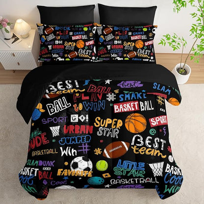 Sports Ball King Comforter Set,Football Rugby Basketball Bedding Set for Kids Boys Girls Youth Ball Sports Themed Bedroom Decor Bedding Set 7 Pcs Bed in A Bag