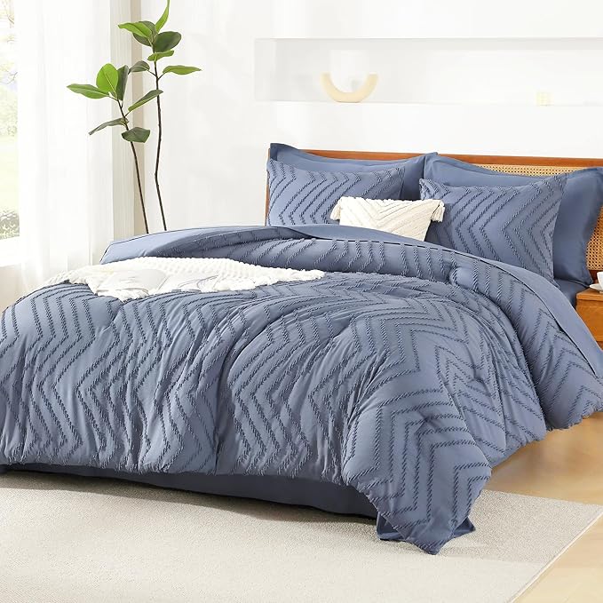 Litanika King Size Comforter Set with Sheets Bluish Grey - 7 Pieces Bed in a Bag King Chevron Tufted Complete Bedding Sets with Comforter, Sheets, Pillowcases & Shams