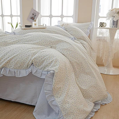 HighBuy Girl Comforter Set Twin XL Blue Flower Ruffled Bedding Comforter with 2 Lace Pillowcases Fluffy Soft Bedding Set Lightweight Coquette Cottagecore Comforter Set for Teen Boys