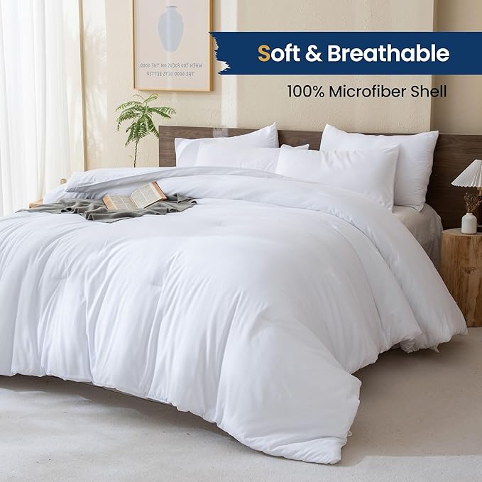 Paxrac White Comforter Full Size, 3 Pieces Boho Comforter Set, Lightweight Solid Bedding Set, All Seasons Soft Breathable Full Bed Set (80x90In Comforter & 2 Pillowcases)