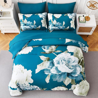 Dobuyly Teal Comforter Set Queen 7 Piece Bed in a Bag, Teal Blue Floral Printed Comforter Set with Sheets, Soft Microfiber Botanical Complete Bedding Set for All Season