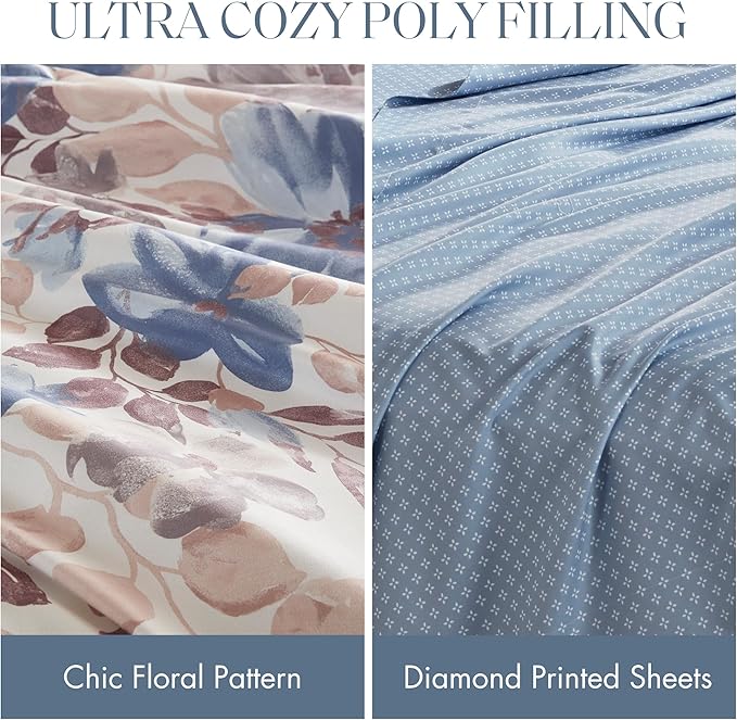 Madison Park Essentials Full Comforter Set with Sheets, Floral Bed in A Bag Microfiber Comforter for Full-Size Bed, Shabby Chic Full Bedding Set Diamond Printed Sheet, Luna, Full, Blue 7 Piece