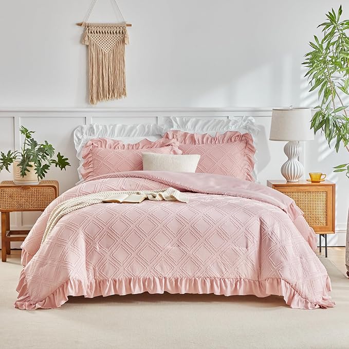 Flysheep Tufted Grids Ruffle Comforter Set Twin Size, 3 Pieces Blush Pink Vintage Farmhouse Shabby Chic Comforters, Jacquard Boho Bohemian Bedding Set for Girls (1 Ruffled Comforter+ 2 Pillow Shams)