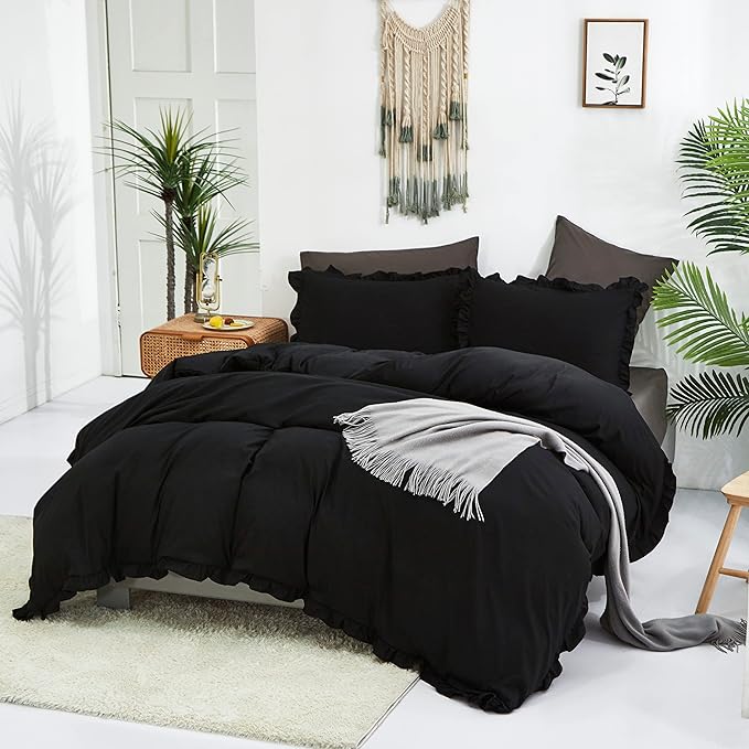 CLOTHKNOW Black Ruffles Twin/Twin XL Comforter Set 3Pcs Farmhouse Bedding Comforter Sets Shabby Chic Boho Comforter with 2 x Pillow Cases