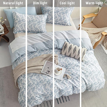 Vintage Cotton Comforter King Size 3Pcs - Elegant Pale Slate Blue Floral Pattern on White with Light Blue & White Striped Reverse, Luxurious Lightweight Bedding Sets with Soft Fill(104"×90")