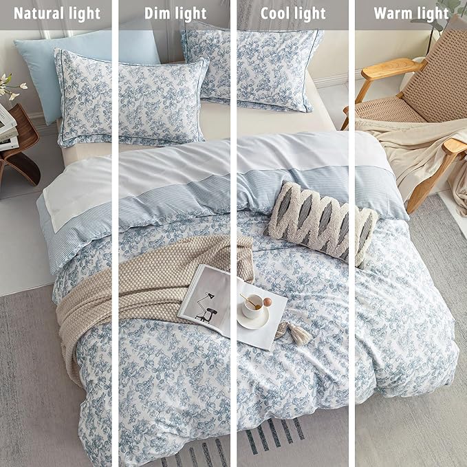 Vintage Cotton Comforter Queen Size 3Pcs - Elegant Pale Slate Blue Floral Pattern on White with Light Blue & White Striped Reverse, Luxurious Lightweight Bedding Sets with Soft Fill(90"×90")