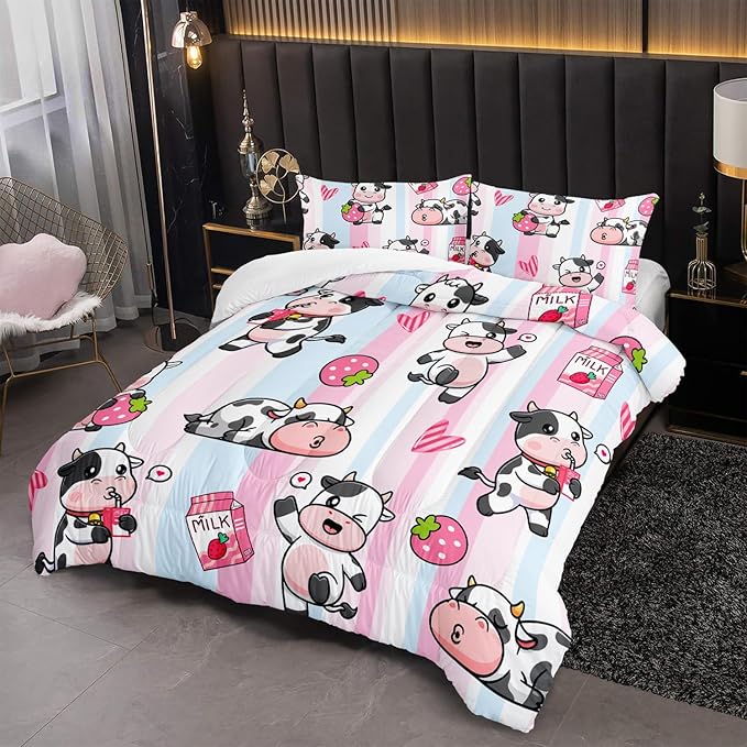 Funny Comforter Set for Girls Full Size,3-Piece Bed in a Bag,Colorful Stripe Bedding Set,Strawberry Kawaii Cow Quilts Set Lightweight Soft Microfiber Warm Down Alternative All Season With 2 Pillowcase