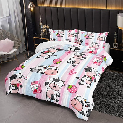 Funny Comforter Set for Girls Full Size,3-Piece Bed in a Bag,Colorful Stripe Bedding Set,Strawberry Kawaii Cow Quilts Set Lightweight Soft Microfiber Warm Down Alternative All Season With 2 Pillowcase