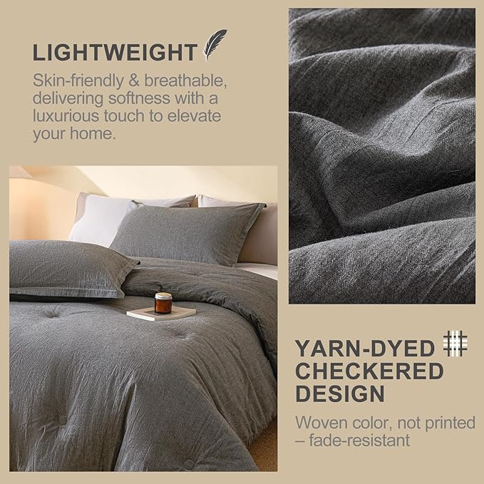 100% Cotton Comforter Set Full Size – Reversible Yarn-Dyed Design, Soft Washed Cotton on Both Sides, Lightweight All-Season Bedding, Machine Washable(Black Grey, 80”x90”)