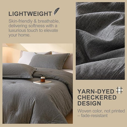 100% Cotton Comforter Set Full Size – Reversible Yarn-Dyed Design, Soft Washed Cotton on Both Sides, Lightweight All-Season Bedding, Machine Washable(Black Grey, 80”x90”)