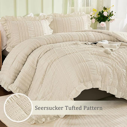 WONGS BEDDING Beige Ruffle Queen Comforter,Boho Shabby Chic Bedding for Queen Bed,Soft Seersucker Farmhouse Bedding Set with 1 Ruffled Comforter,2 Tufted Pillowcases 90"×90"