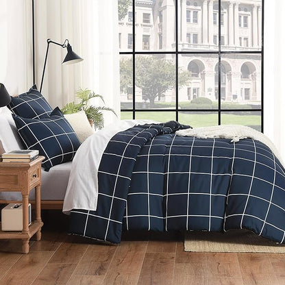Andency Navy Plaid Comforter Full(79x90Inch), Dark Blue Grid Gingham Buffalo Plaid Bed Set for Boys Kids Teens, 3 Pieces Lightweight Microfiber Geometric Preppy Bedding