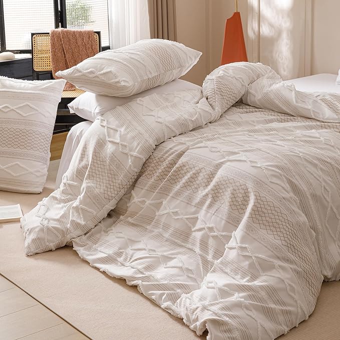CLOTHKNOW Ivory Bohemian King Size Comforter Set Farmhouse Bedding Comforter Sets Clipped Jacquard Stripes Comforter White Khaki Comforter Soft