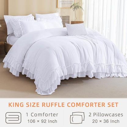 QSH White Farmhouse Ruffled Comforter Set King Size Shabby Boho Chic White Bedding Comforter King Lightweight Fluffy Ultra Soft Microfiber Inner Fill Bedding Set 3 Pieces