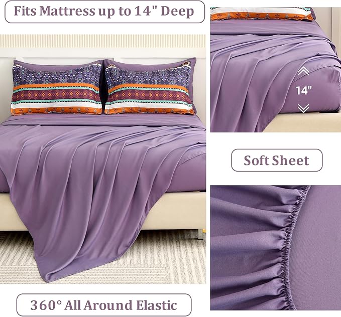 WONGS BEDDING Boho Comforter Set Queen Size,7 Pieces Bohemian Comforter Bedding Set Bed in a Bag,Purple Paisley Floral Comfortet and Sheet Set,Soft Microfiber Striped Bedding Sets for All Season