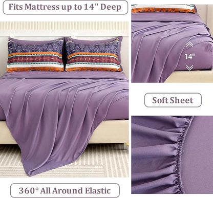 WONGS BEDDING Boho Comforter Set Queen Size,7 Pieces Bohemian Comforter Bedding Set Bed in a Bag,Purple Paisley Floral Comfortet and Sheet Set,Soft Microfiber Striped Bedding Sets for All Season