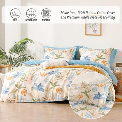 Tropical Coastal Blue Cotton Comforter King Size 3Pcs - Bright Orange, Olive Green & Beige Palm and Leaf Patterns, Botanical Lightweight Reversible Bedding Sets with Soft Fill(104"×90")