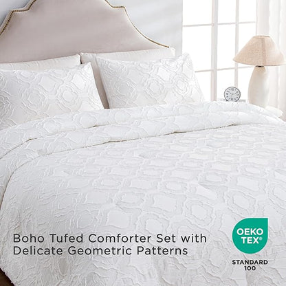 Andency White Boho Tufted Comforter Set Full(79x90Inch), 3 Pieces Floral Textured Farmhouse Bed, Soft Microfiber Down Alternative Geometric Bedding Set with 2 Pillowcases