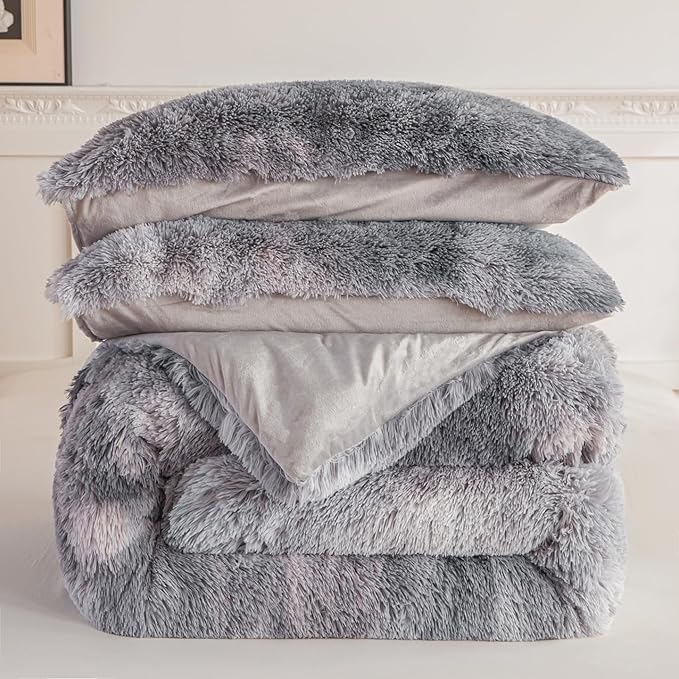 chovy Faux Fur Tie-Dyed Black White Gray Colorful Comforter Sets Queen - 3PC Bed Set Ultra Soft Plush Flannel Velvet Fluffy Fuzzy Bedding（Comforter x 1 Pillowcases x 2）