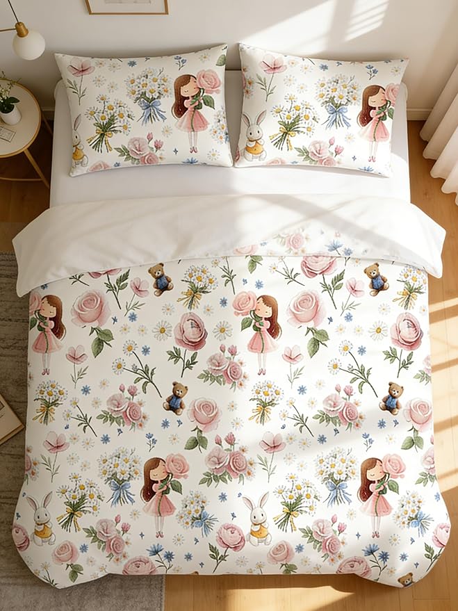 Girls Priness Comforter Set Kids 5Pcs Twin Size Bed in A Bag Pink Botanical Rose Bedding with Rabbit Bear Pattern, 1 Quilted Comforter(68"x86")&2 Pillowcase&1 Flat Sheet &1 Fitted Sheet