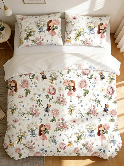 Girls Priness Comforter Set Kids 5Pcs Twin Size Bed in A Bag Pink Botanical Rose Bedding with Rabbit Bear Pattern, 1 Quilted Comforter(68"x86")&2 Pillowcase&1 Flat Sheet &1 Fitted Sheet