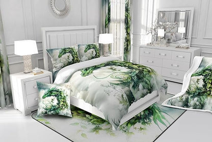 Manfei Dragon Leaves Comforter Set for Kids Adults,Mystery Dragon Wildlife Rustic Plants Bedding Comforter Sets King,Dreamy 3D Cloud Sky Quilt Comforter with 2 Pillowcases