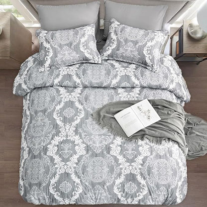 WONGS BEDDING Grey Comforter Set King Size, Damask Texture 7 Pieces Gray Bed in a Bag Microfiber Boho Comforter Bedding Sheet Set with Comforter, Flat Sheet, Fitted Sheet,Pillow Shams,Pillowcases