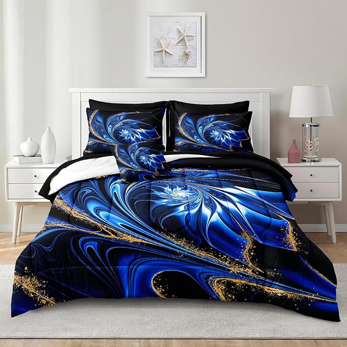Blue Marble Comforter Set Queen Size Black Bed in A Bag Gold Vortex Floral Artwork Abstract Bedding Psychedelic Bed Set with Sheets