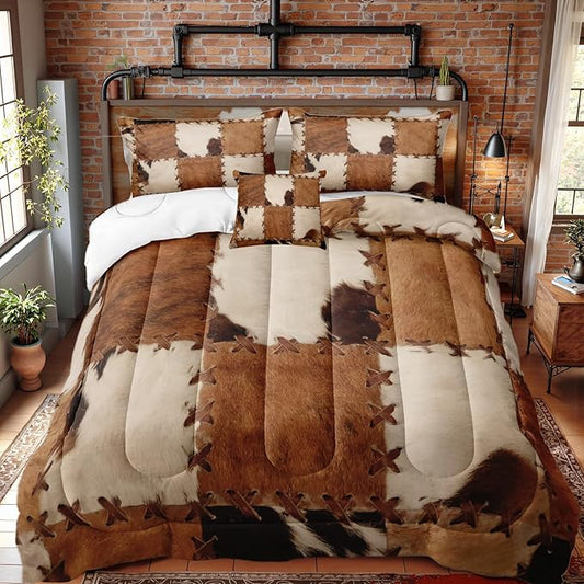 MOVE OVER Brown Cowhide Comforter Set Western Style Patchwork Cow Printed Bedding Set 4 Pieces Soft Microfiber Western Ranch Style Cowboy Chic Comforter Sets for Bedroom Decor