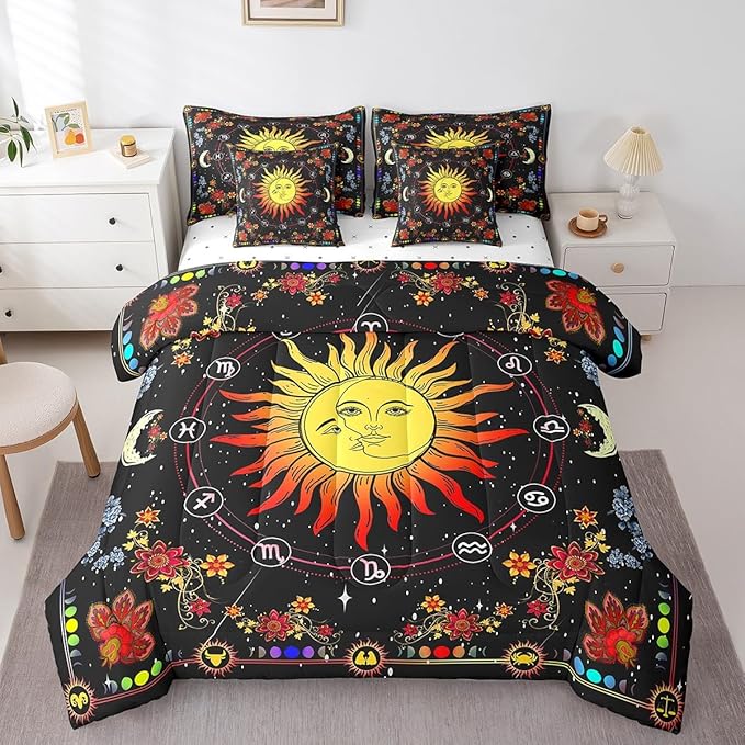 Feelyou Sun Moon Bed in a Bag with Comforter, Full Size 7Pcs Galaxy Bedding Set with Comforter, Boho Exotic Comforter Women Men Teens Ultra Soft Decor Astrology Space Room Decor