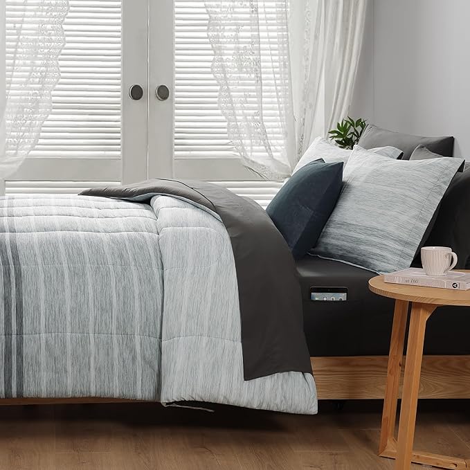 Monbix King Size Comforter Set - 7 Pieces Bed in a Bag King, Grey-Stripe Bedding Sets, All Seasons Comforter Bed Set with Sheets, Pillowcases & Shams