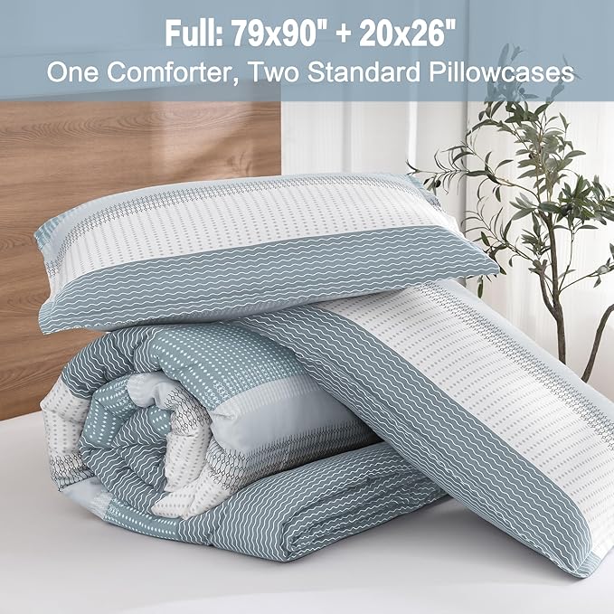 Litanika Light Blue Comforter Full Size Set, 3 Pieces Bedding Set, Blue White Colorblock Stripe (79x90In Comforter & 2 Pillowcases)