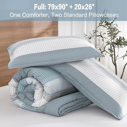 Litanika Light Blue Comforter Full Size Set, 3 Pieces Bedding Set, Blue White Colorblock Stripe (79x90In Comforter & 2 Pillowcases)