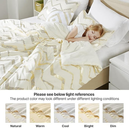 Codi Teen Bedding Set Twin Size, Cute Ivory & Gold Comforter Sets for College Dorm Girls, 3 Pieces - All Seasons Warm