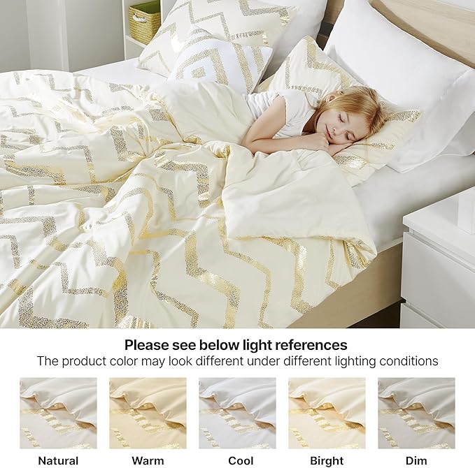 Codi White and Gold Bed Comforter Set, Cute Queen and Full Size Golden Teen Girls Bedding, 4 Pieces - All Seasons Warm
